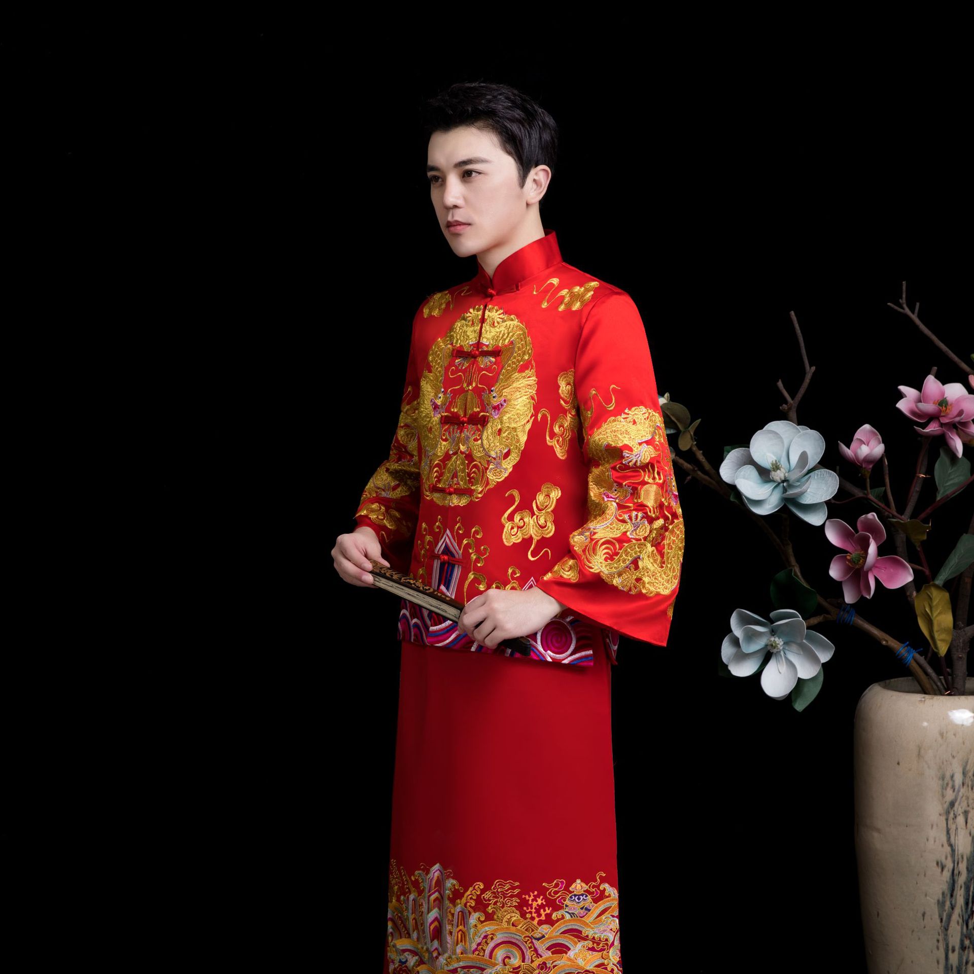 仿古结婚礼服 秀禾服男款双龙男装旗袍服 真龙天子婚庆服装