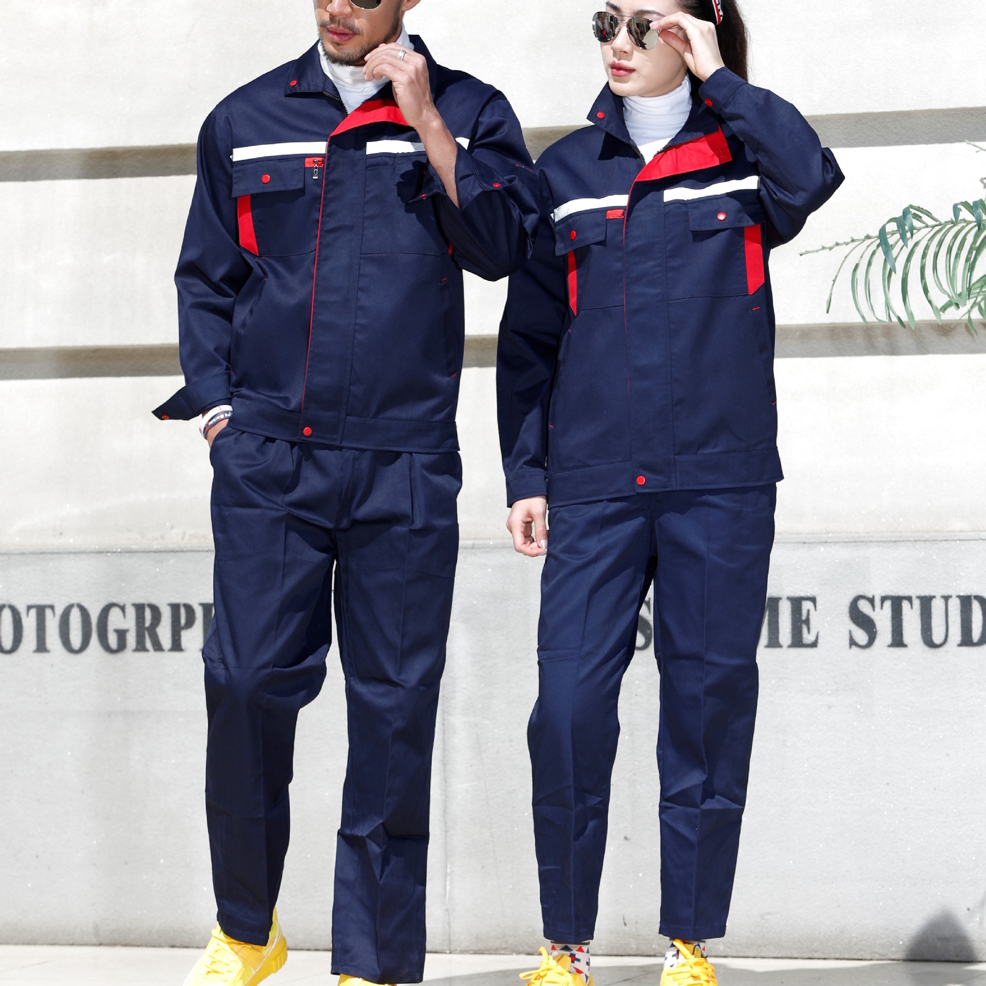 秋季长袖工作服套装 厂服工衣订做定制防寒劳保服外景竖条反光2色