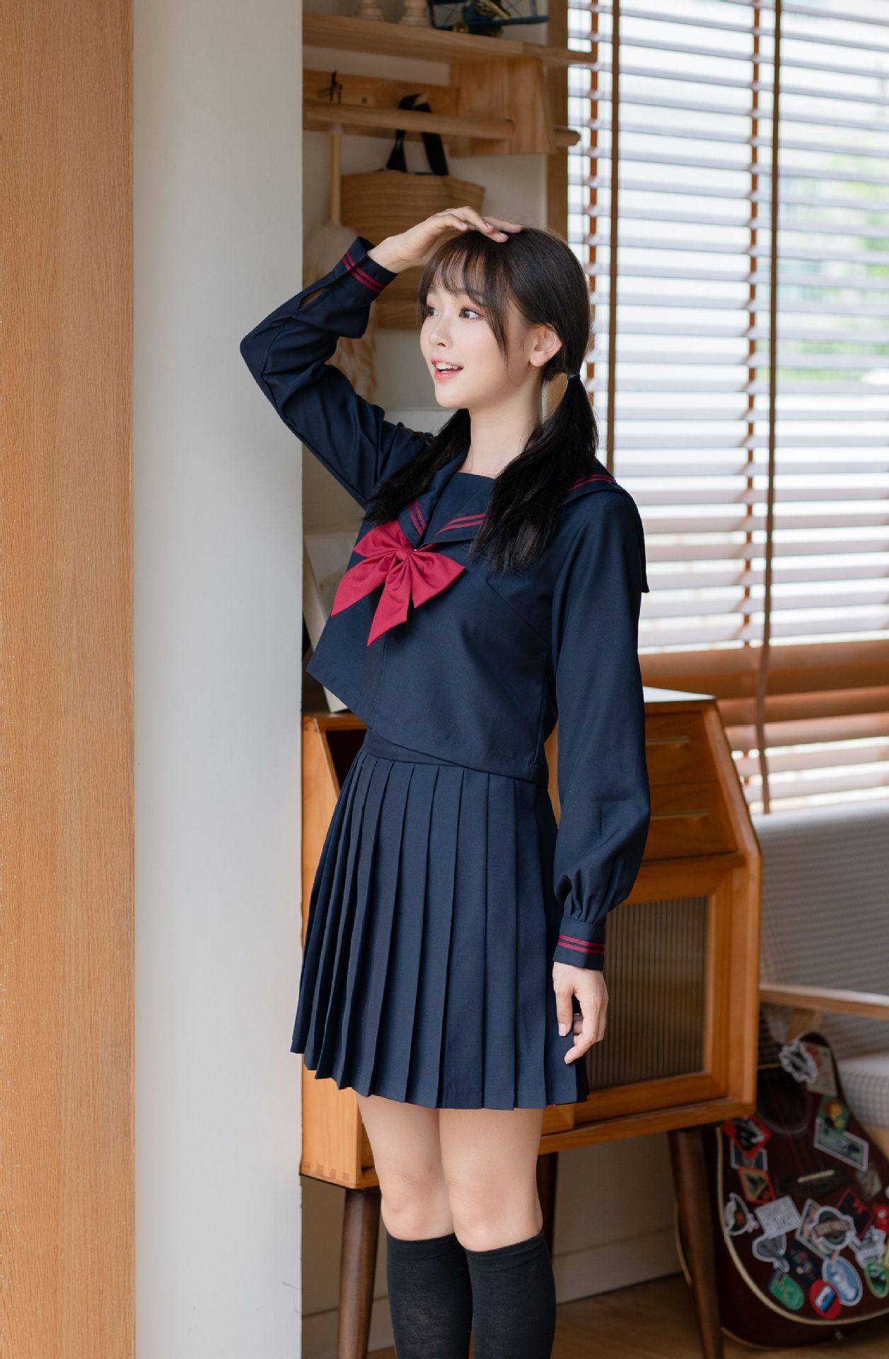 jk制服正统赤二本不良基础款黑色衣身水手服学生校班服中长裙套装