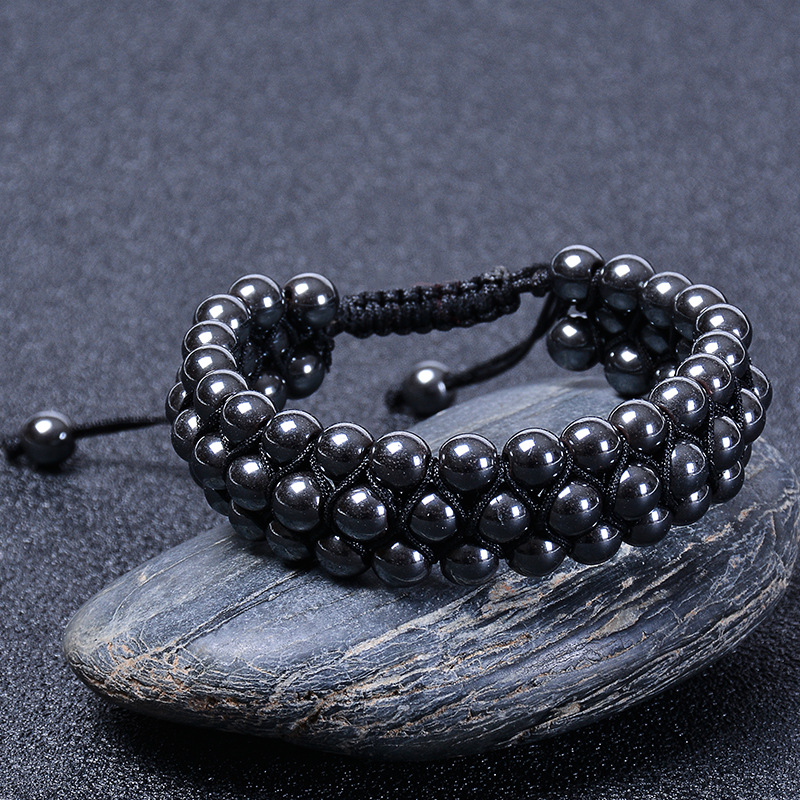欧美饰品新品 6mm磁性黑磁石手链 天然石串珠三层手串可调节手饰