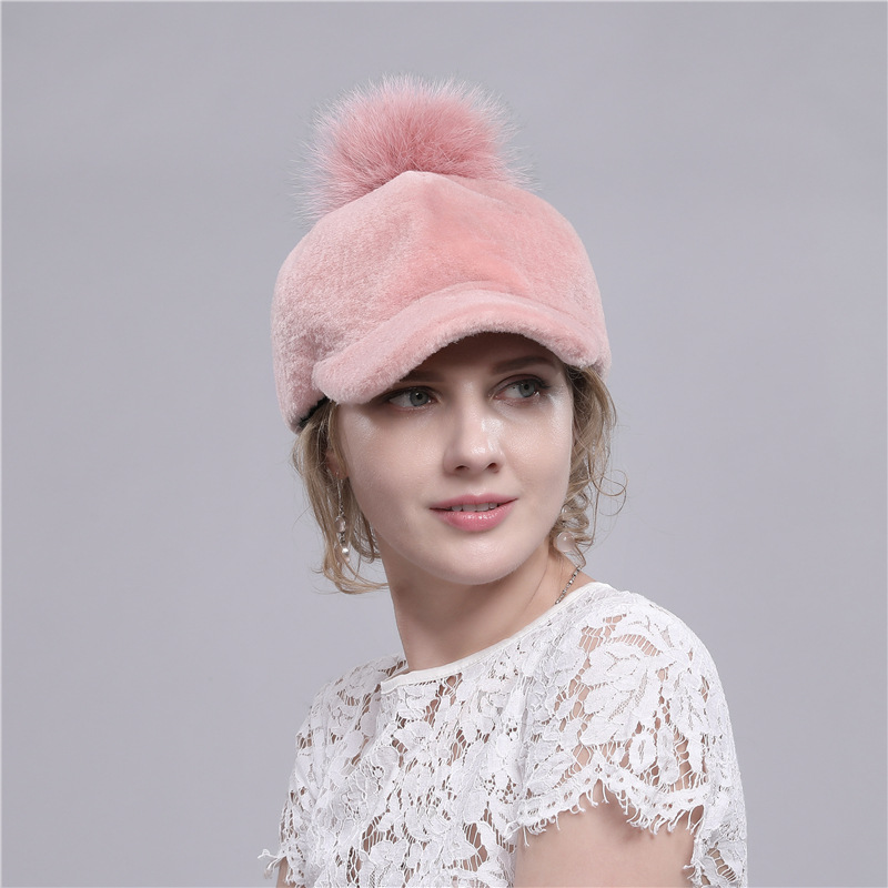 羊剪绒帽子狐狸毛球冬季保暖女士新款羊毛皮草鸭舌帽子厂家批发