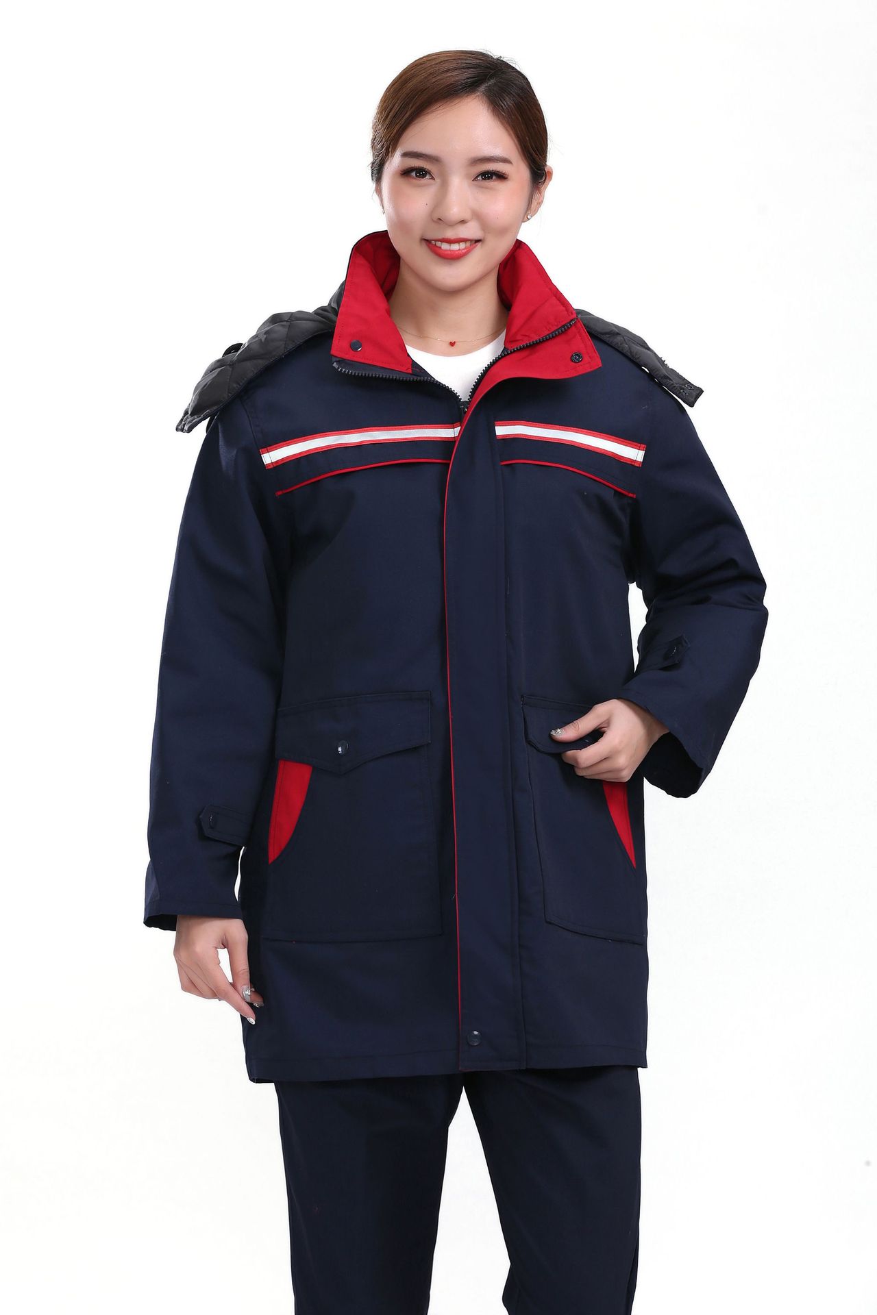 冬季加厚防寒保暖劳保棉服男中长款双层内胆可拆卸反光工作服订制