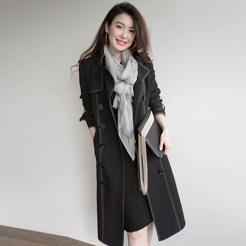 高档外套女法式精品双拱针气质修身中长款风衣黑色高端大气上档次