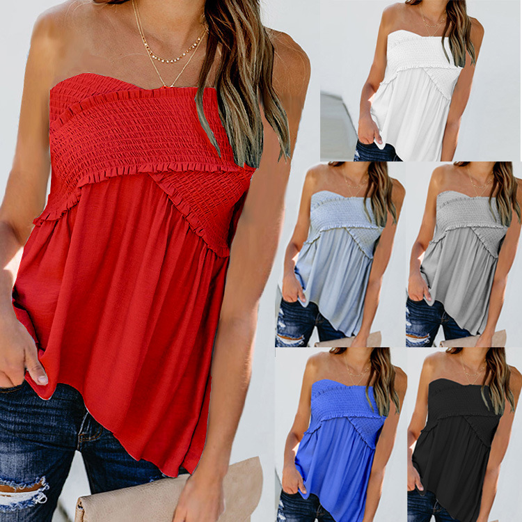 ebay亚马逊爆款 2020欧美荷叶边气质一字领抹胸无袖t恤女夏ap0017