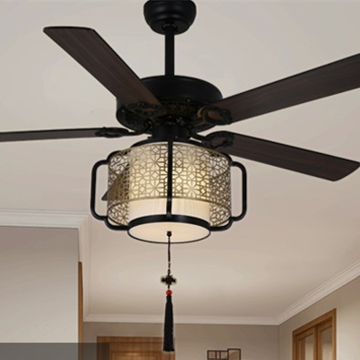 新中式仿古灯笼吊扇灯 客厅电风扇灯木叶铁叶led智能电扇灯一体