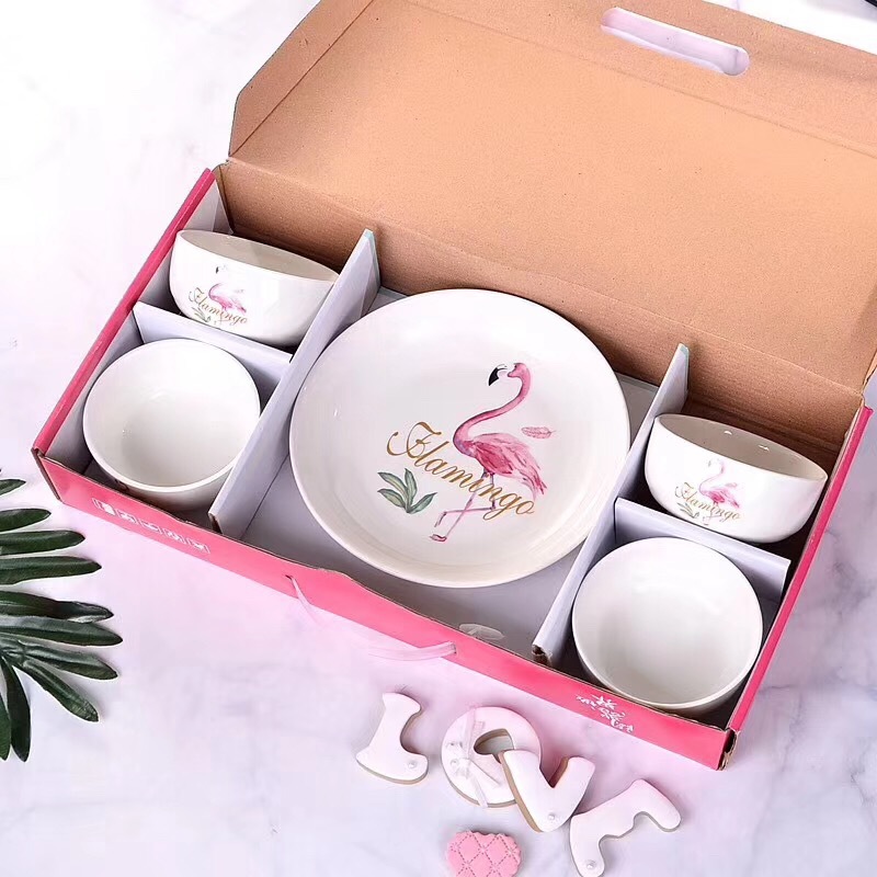 Nordic Ins Flamingo Ceramic Bowl New Product Charm of Lotus Porcelain Bowl Set Opening Gift Meeting Sale Gift