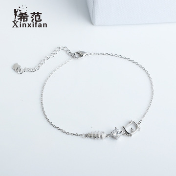 韩版时尚s925纯银猫咪手链女甜美小清新简约饰品小猫手链学生手饰