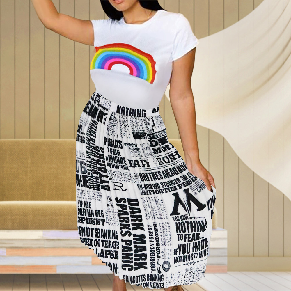 a6222 跨境专供独立站ebay亚马逊爆款欧美报纸百褶裙短袖两件套