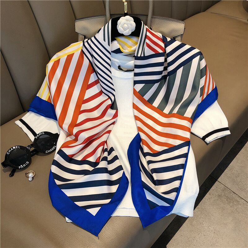 Nordic Simple Black and White Plaid Striped Large Kerchief Women's Summer Silk Scarf Multi-Functional Korean Scarf Small Scarf Wholesale