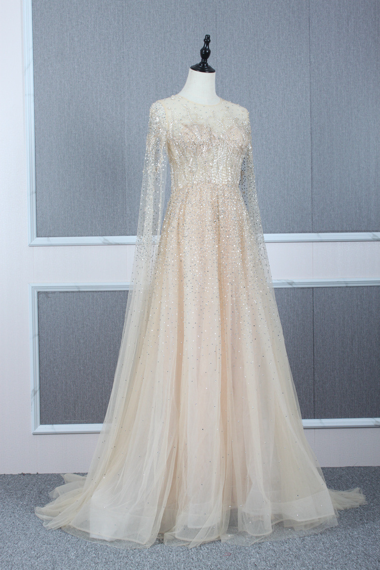 高级定制仙女款长袖拖尾晚礼服新娘敬酒裙优雅高贵主持年会演出服