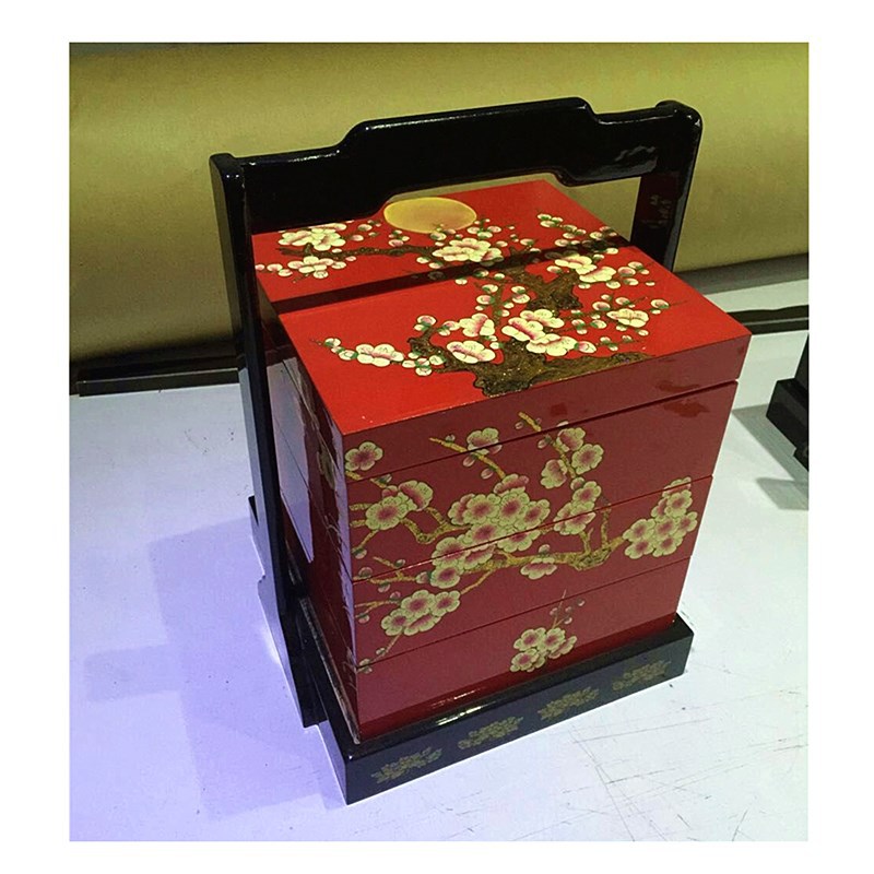 手工彩绘木质手提篮提盒多层食盒结婚礼金盒中国民俗节庆漆器食盒