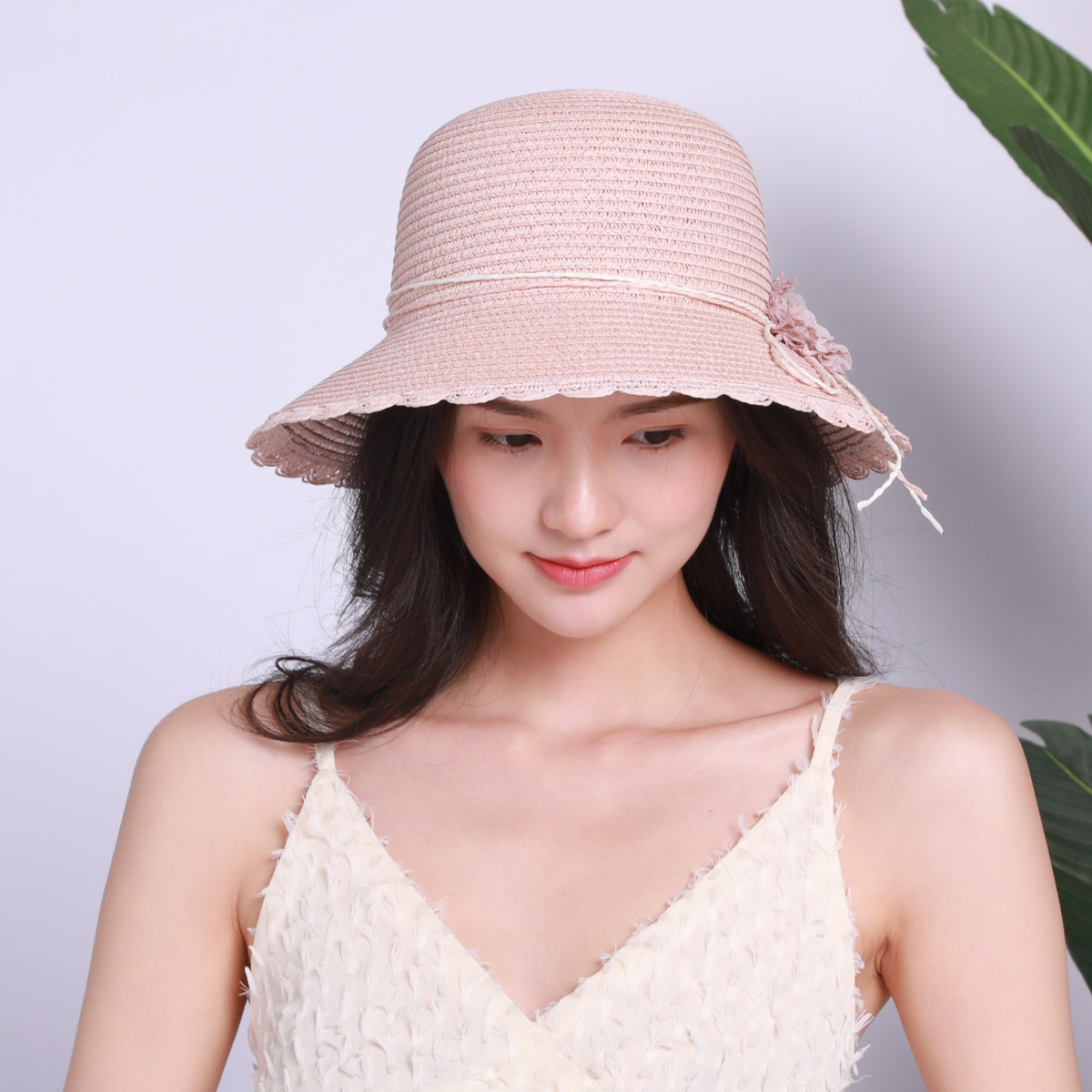 帽子春夏天女士草帽网纱花朵珍珠镶钻花盆帽防晒太阳蝴蝶结沙滩帽