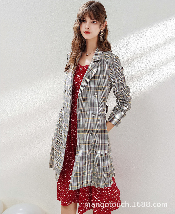 mango touch 19秋款女装气质翻领双排扣风衣长款七分袖格子外套女