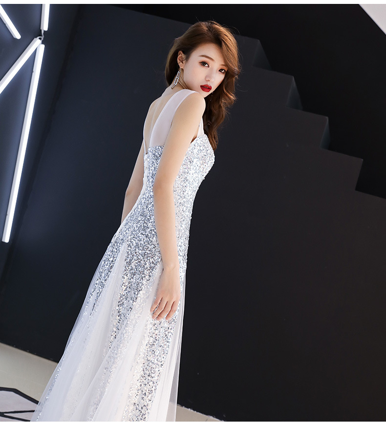 银白色年会晚礼服2022新款秋夏季端庄优雅长款亮片名媛宴会礼服女
