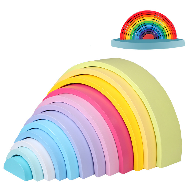 儿童玩具实木彩虹半圆形积木12色拱形幼儿园甜甜圈叠叠高趣味木玩