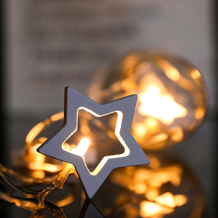 1.5米10头木质星星造型灯串 节日室内装扮电池盒小彩灯串常亮闪烁