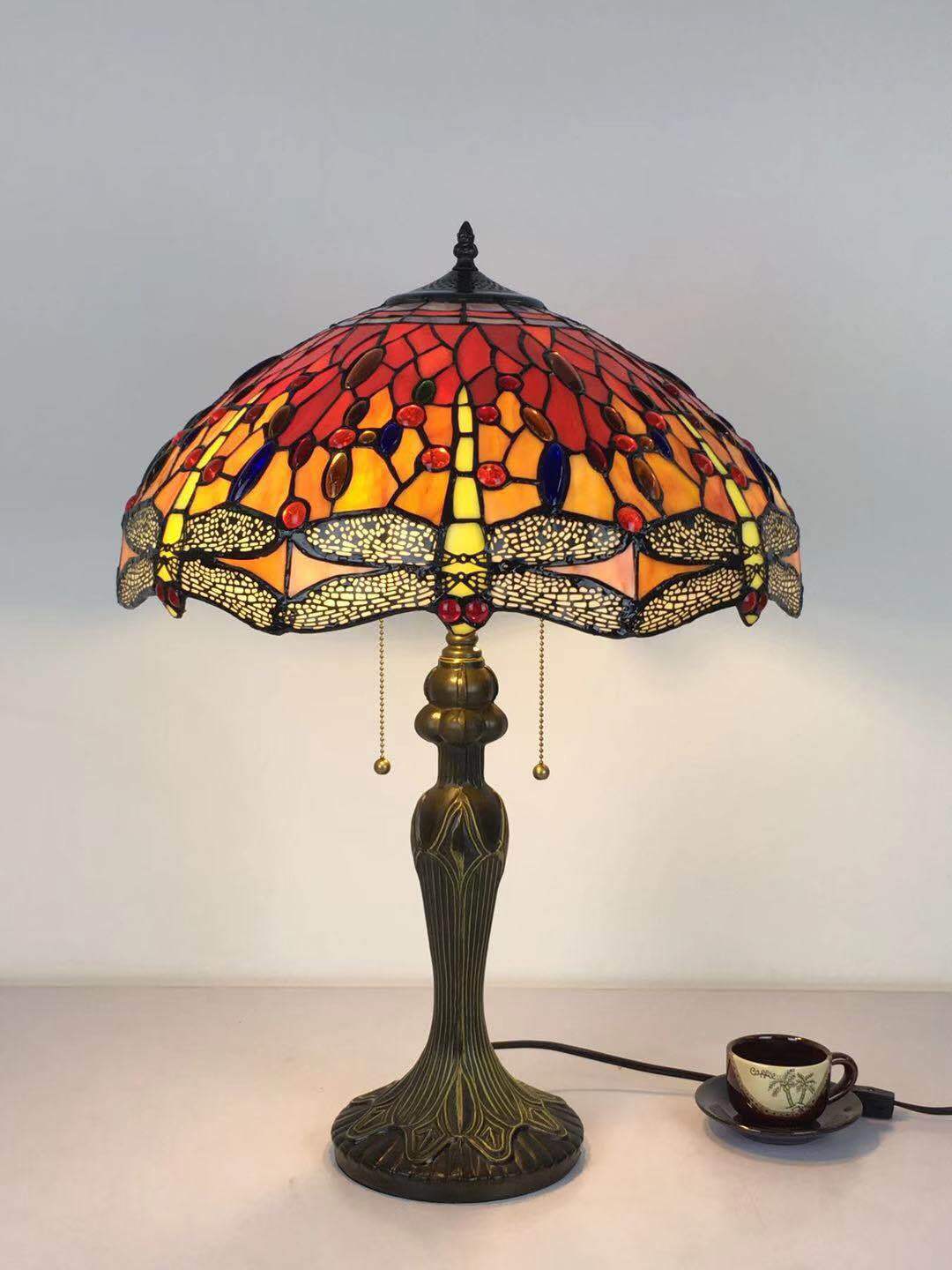 厂家直销台灯田园红色飞舞蜻蜓卧室客厅书房彩色玻璃蒂凡尼灯具