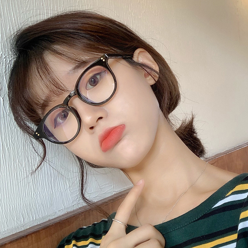 网红同款粗黑框复古眼镜女 米钉眼镜小圆框形素颜近视镜男平光镜