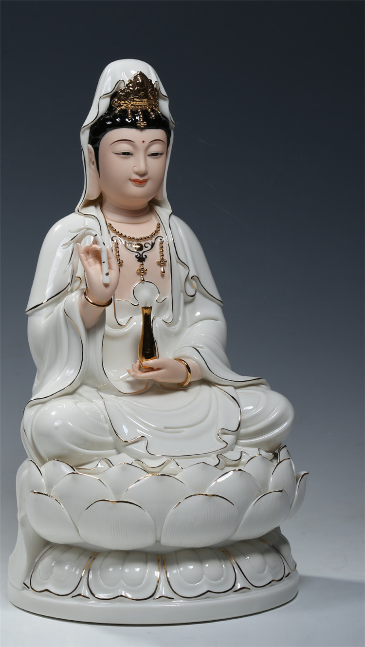 【上美】陶瓷12至24吋坐莲笑脸观音菩萨像供奉家用观世音佛像摆件