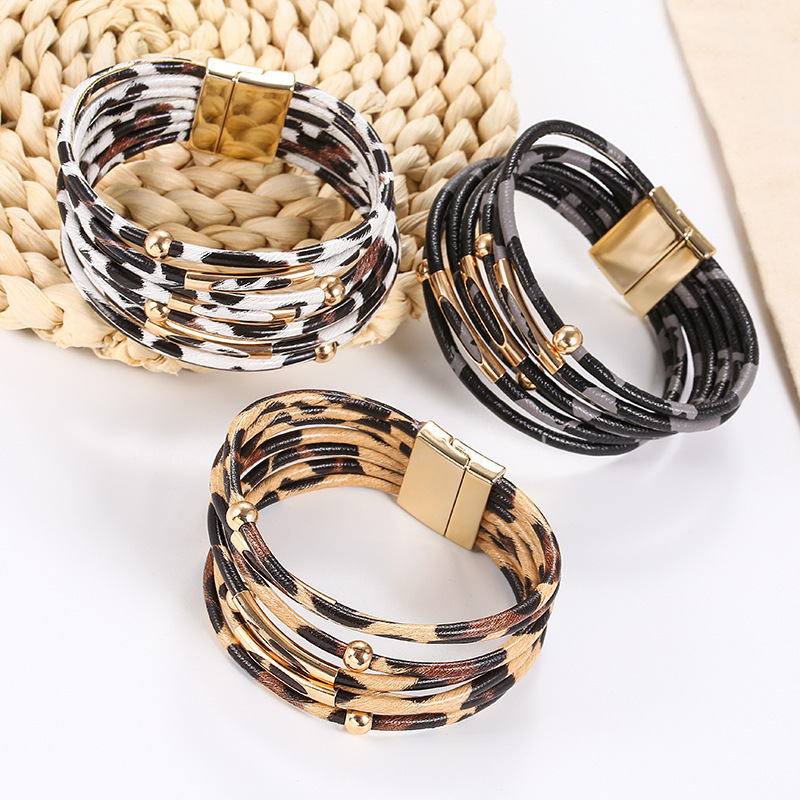 cross-border european and american popular alloy leopard print magnet buckle leather bracelet beaded leather rope bracelet copper tube bracelet jewelry