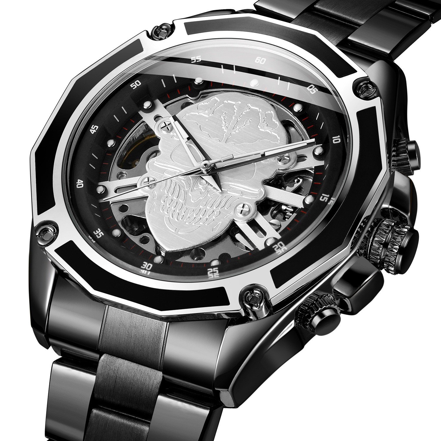 一件代发t-winner男士全自动机械表镂空骷髅头休闲手表带机械表