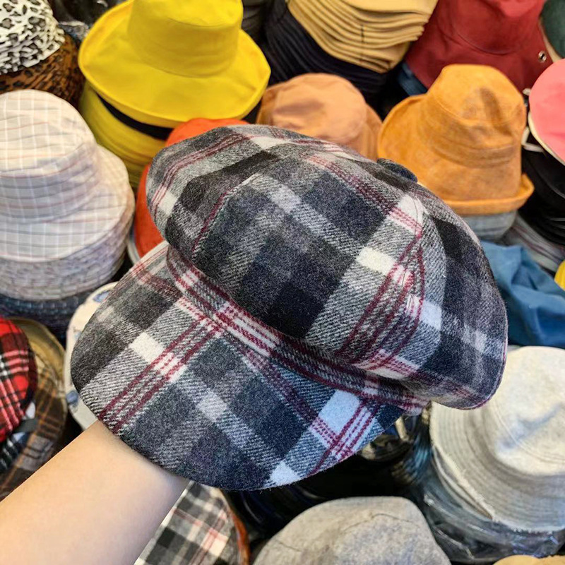 jmx 八角帽女格子秋冬个性画家帽彩色格子圆顶 现货批发