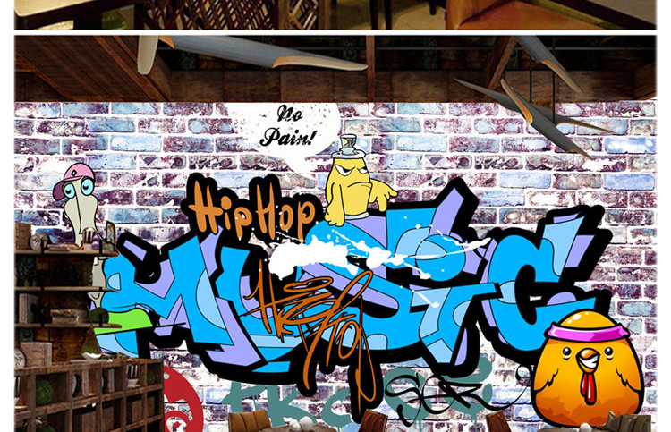 3d个性街头涂鸦嘻哈壁画工业风酒吧背景墙壁纸健身舞蹈房街舞墙纸