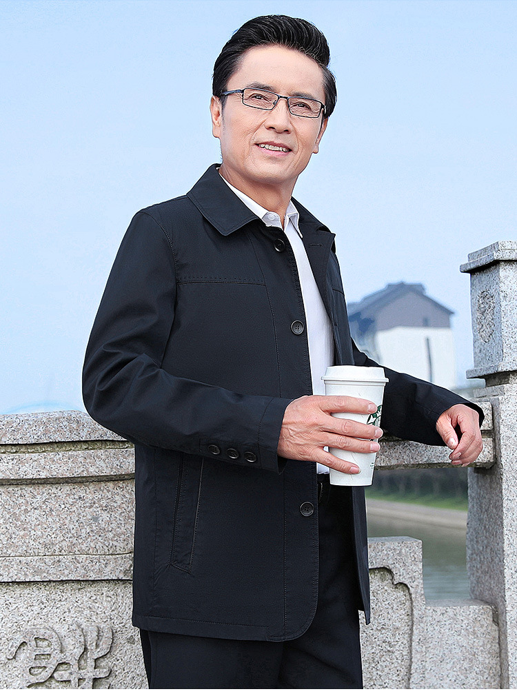 珀基袋鼠中年男装夹克外套春秋薄款中老年纯棉翻领扣子宽松夹克衫