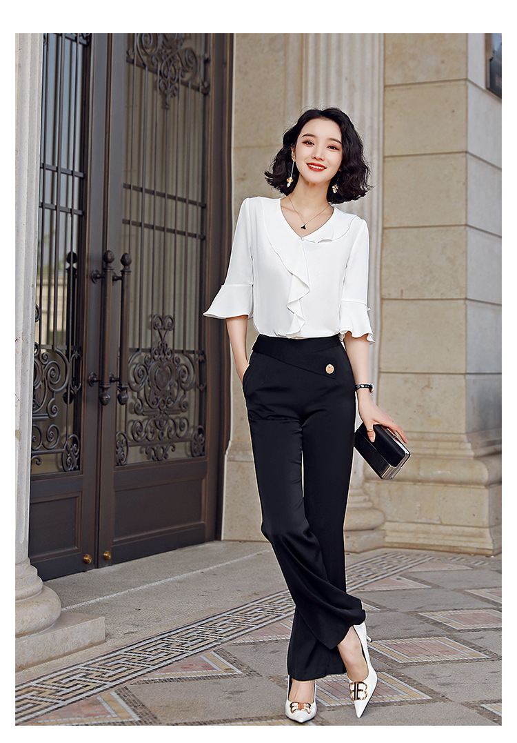 2020商务休闲女装短袖衬衫秋季简约拼接修身纯色方领衬衣女