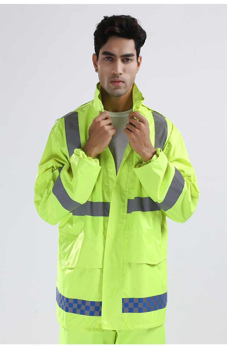 荧光绿雨衣路政执勤交通成人户外加厚背带反光雨衣套装厂家供应
