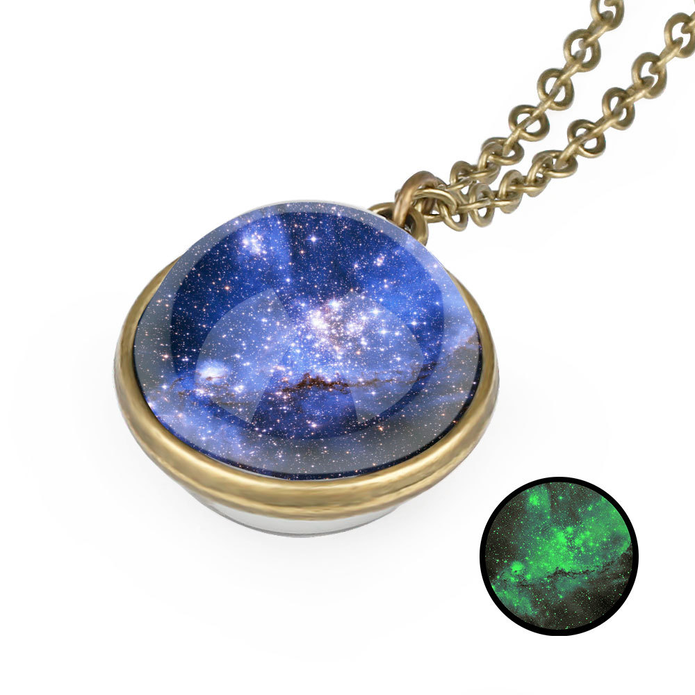 夜光星空玻璃球吊坠项链 欧美热销双面发光星系星云宇宙颈链 glow