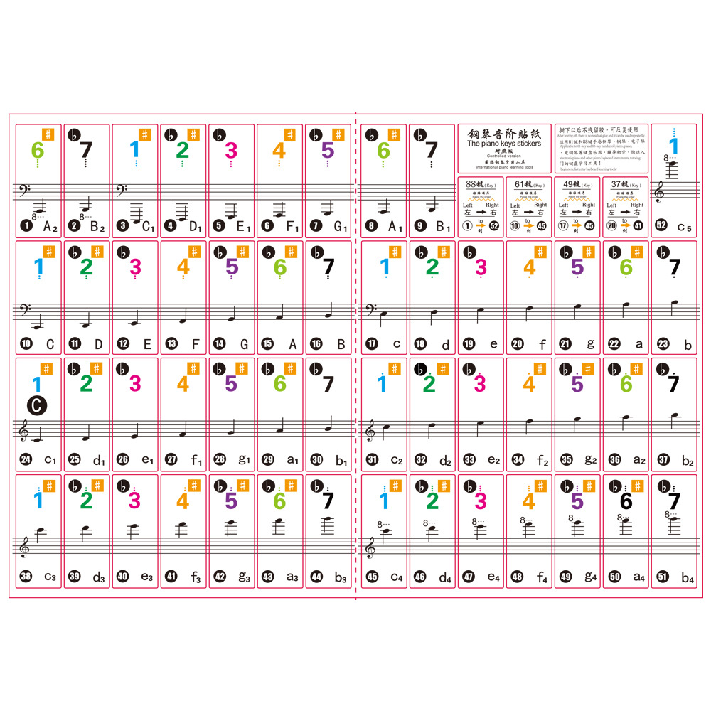 886154键钢琴初学电子琴手卷钢琴音标音阶五线谱简谱通用琴键贴纸