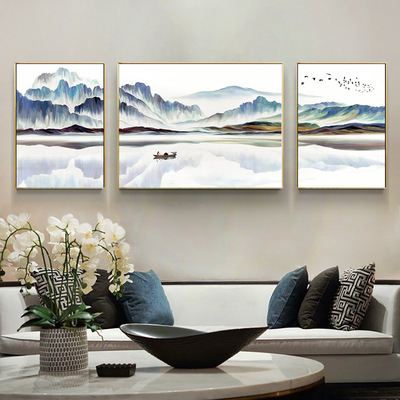 新中式大气组合三联画风水靠山客厅沙发背景墙装饰画简约现代墙画