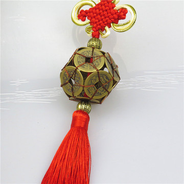 创意新款手工编织招财平安高档纯铜路路通铜钱球汽车挂件车载挂饰