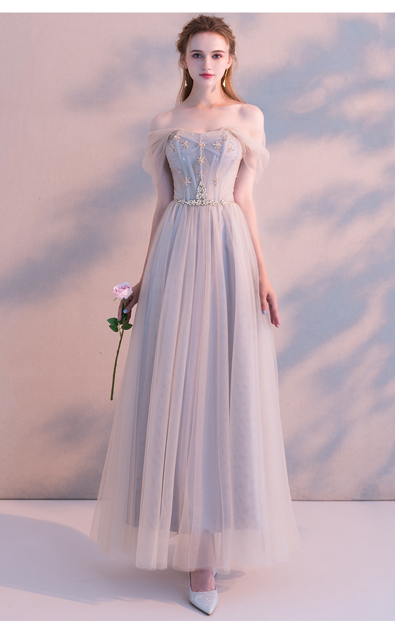 宴会晚礼服长款2019秋季一字肩灰色名媛生日洋装小礼服仙女伴娘服