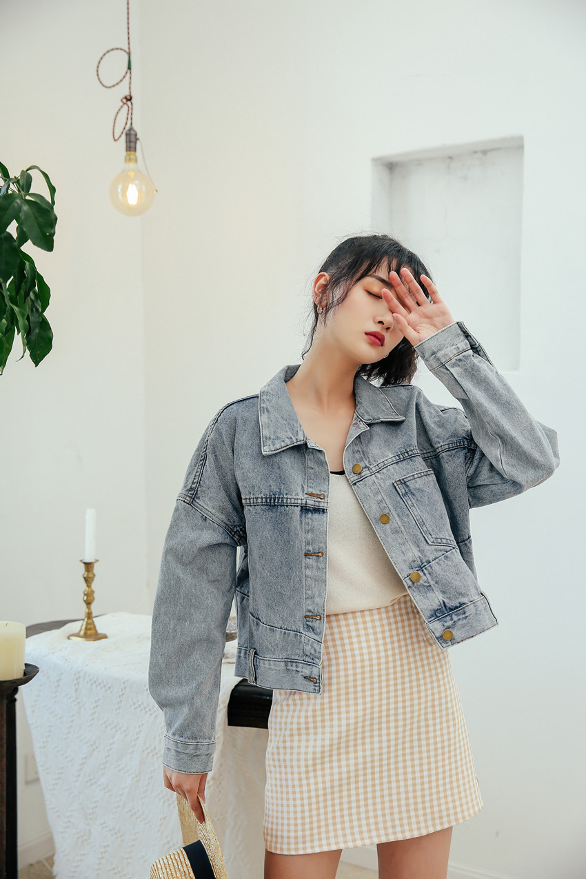 2019秋冬欧美浅色牛仔夹克短款牛仔衣女式牛仔外套