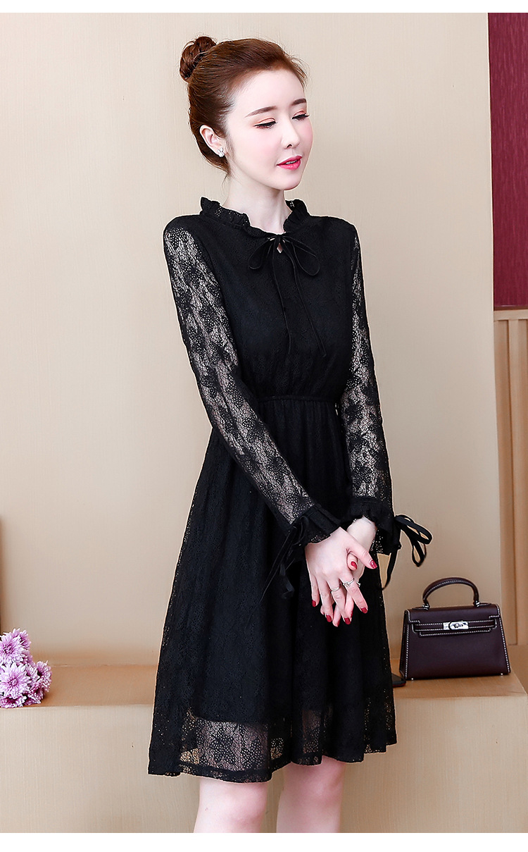 2019新款女装秋冬过膝蕾丝连衣裙长袖内搭打底裙女立领收腰长裙子