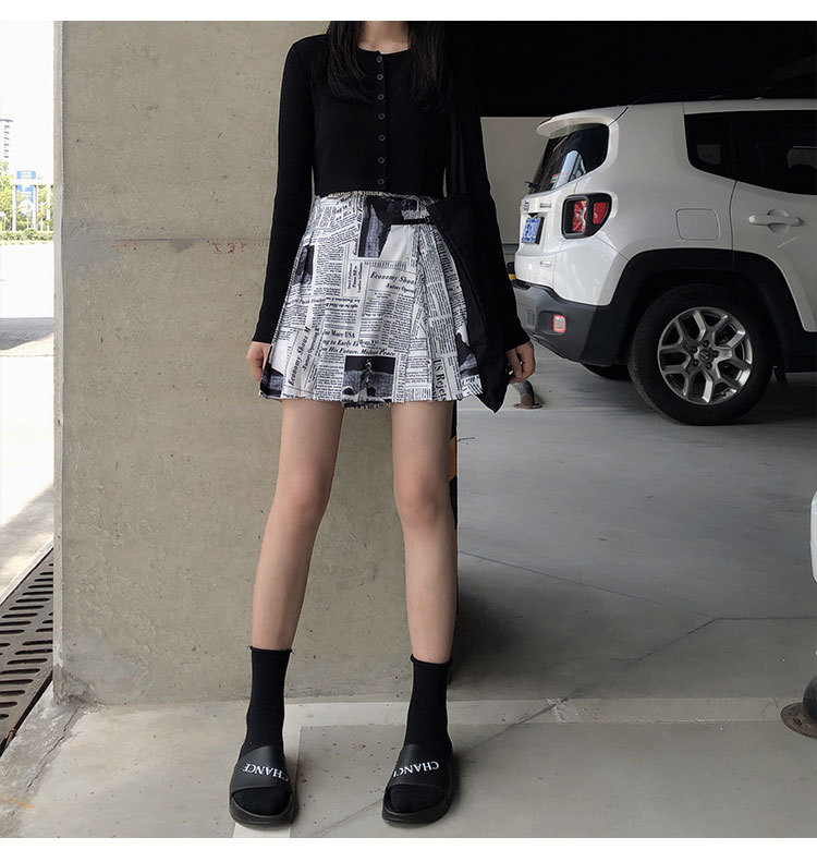 实拍 港味ins高腰显瘦a字百褶裙报纸印花半身裙短裙女