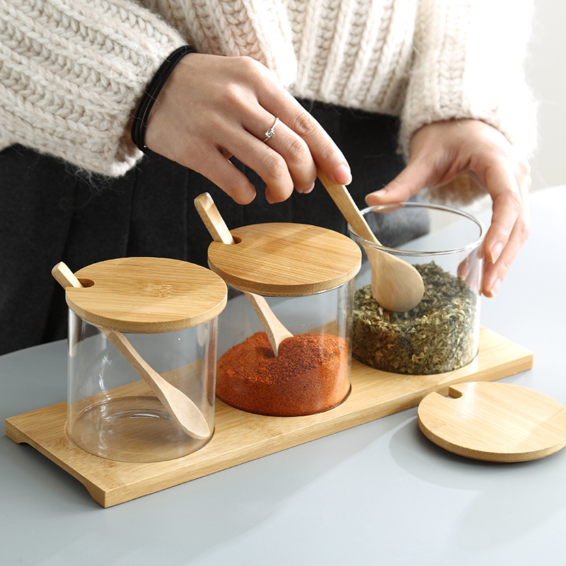 Kitchen Supplies Seasoning Containers Condiment Dispenser Glass Three-Piece Suit Household Combination Bamboo Tray Oil and Salt Seasoning Box