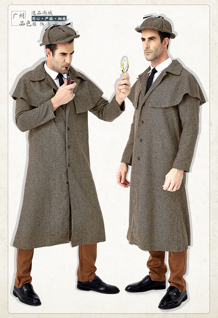 万圣节狂欢 电影角色大侦探夏洛克福尔摩斯扮演 英伦格子高领外套