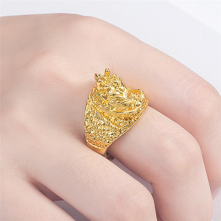 男款霸气龙戒 精品越南镀金仿金龙图腾龙头开口镀厚金戒指 批发
