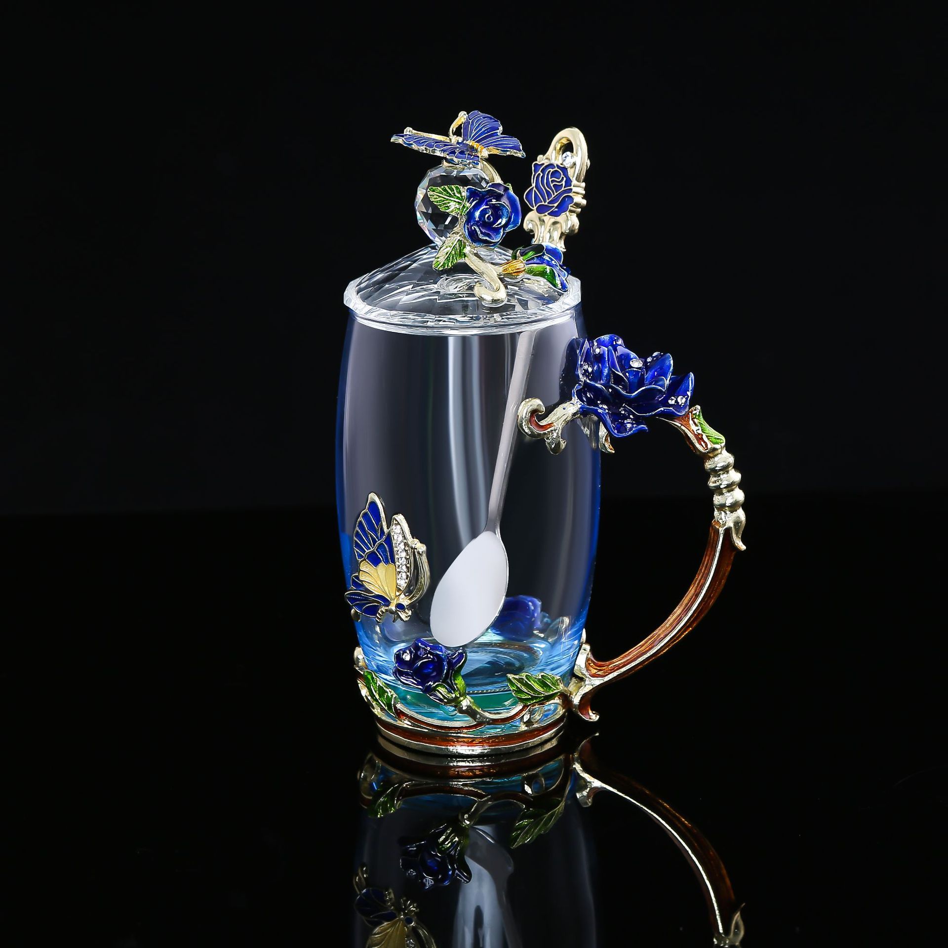 欧式典雅珐琅彩玻璃杯礼盒 创意时尚花茶杯家用玻璃水杯定制批发