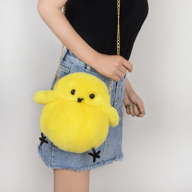 2019创意卡通可爱小动物毛绒小鸡包包女单肩斜跨链条仿兔毛假毛