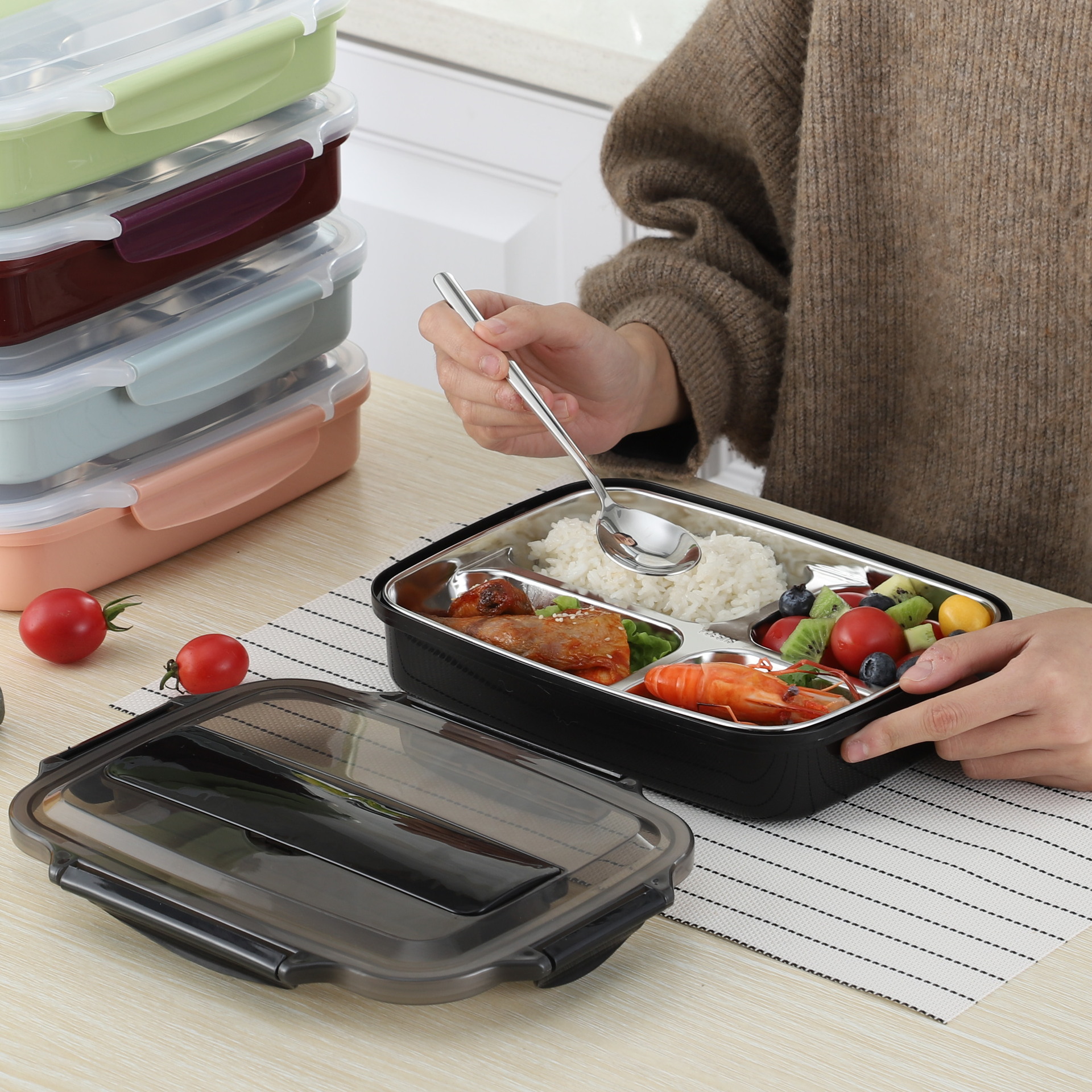 学生饭盒304不锈钢分格便当盒密封保温分隔餐盘加热餐盒隔热双层