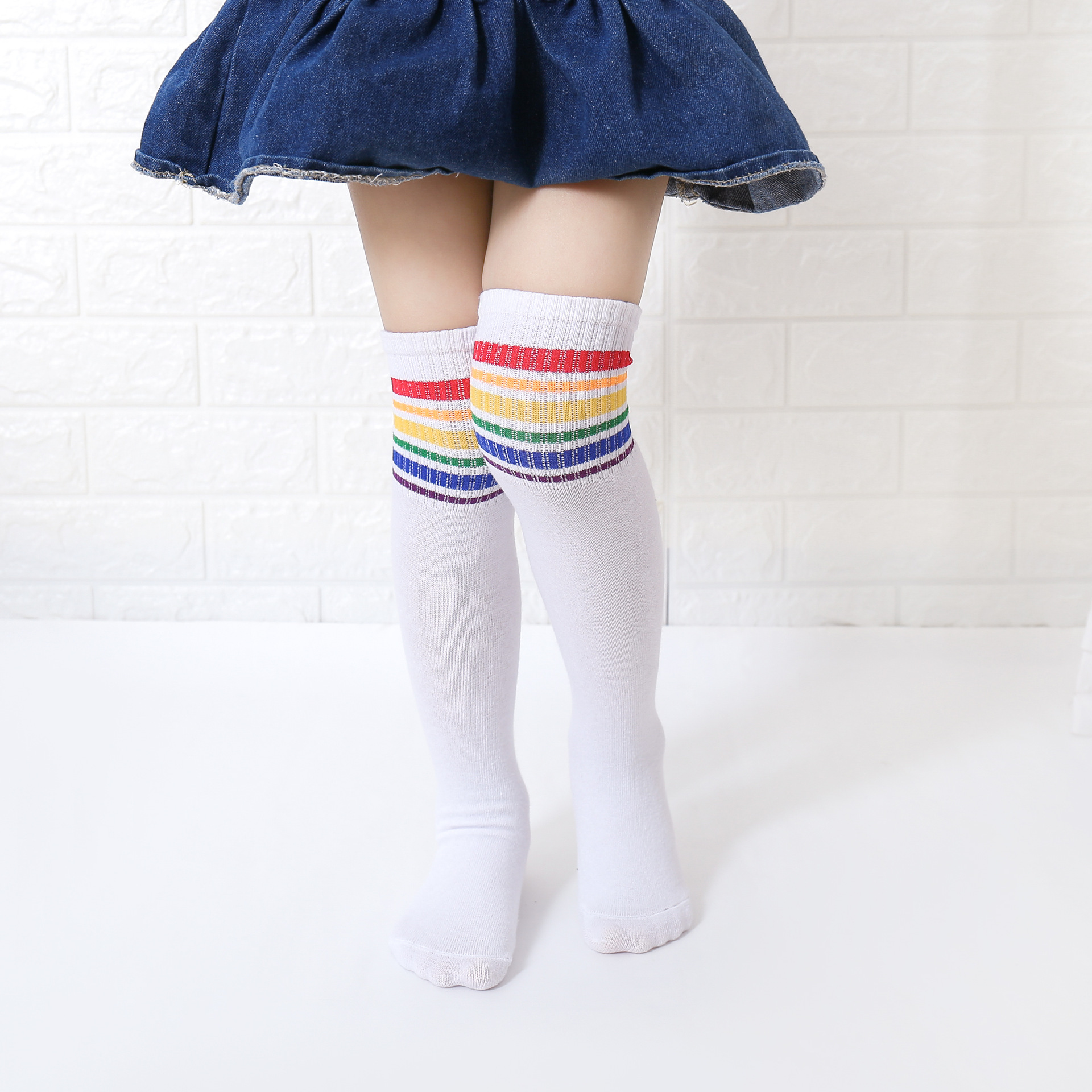 儿童袜子秋冬款棉七彩条纹学生彩虹过膝高筒袜时尚百搭女