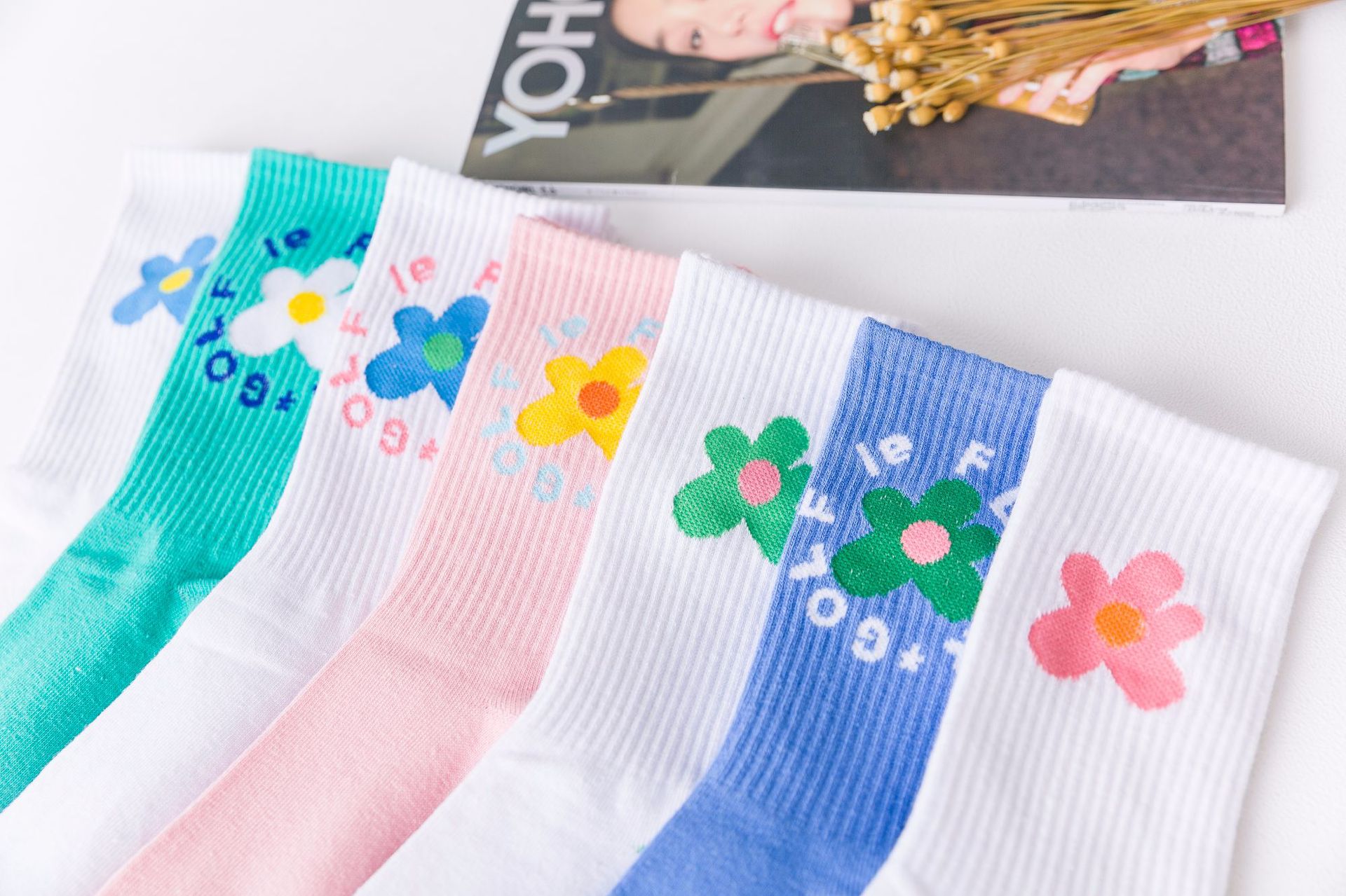 小花袜子运动长筒袜 花朵图案韩国男女情侣滑板袜 太阳花袜子