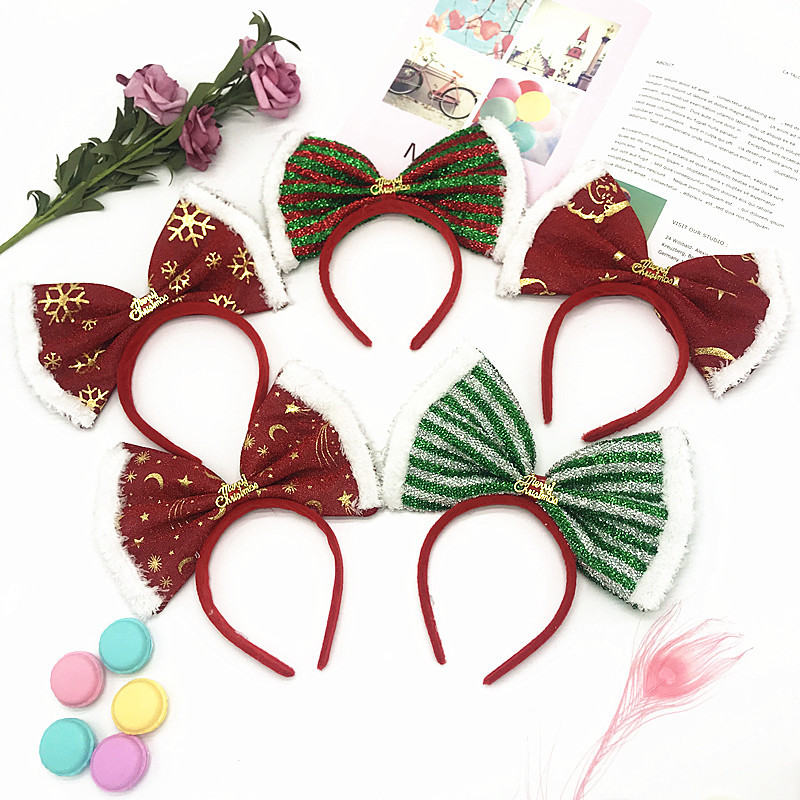 New Christmas Bronzed Fabric Big Bow Headband Fabric Plush Hair Band Exquisite Pleated Gradient Headband Wholesale