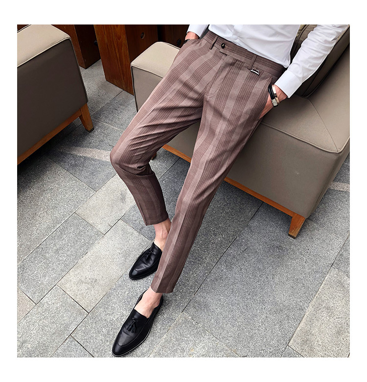 休闲九分裤男修身小脚韩版潮流裤子百搭英伦风格子垂感9分小西裤