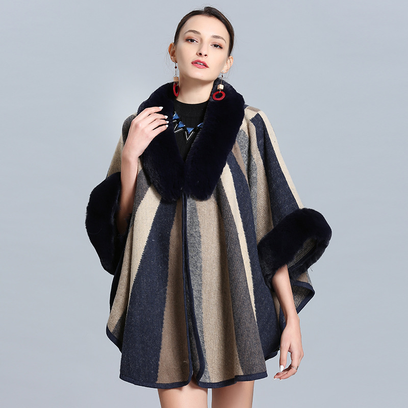 2021 European and American Imitation Fox Fur Collar Cloak outside Colorful Contrast Color Striped Knitted Inverness 603#