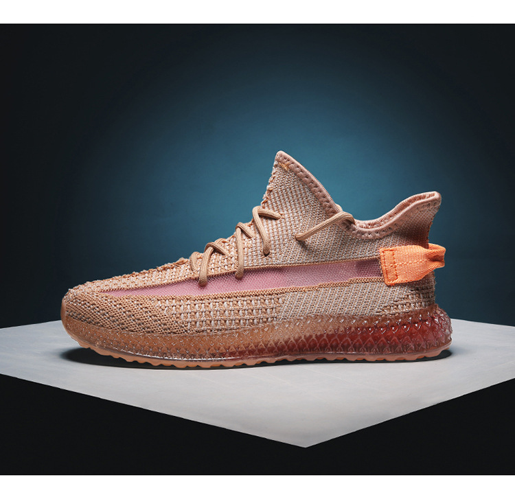 yeezy椰子限定350情侣鞋珊瑚橙海盐白飞织小白鞋透气休闲运动男鞋